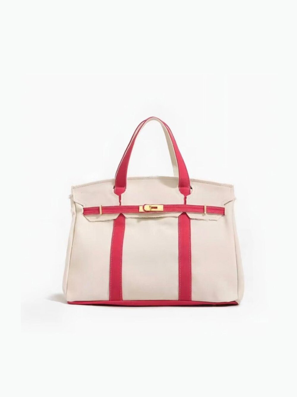 The Boatkin Canvas Tote Bag – Spacious Everyday Bag Beige & Red w/ Gold Buckle